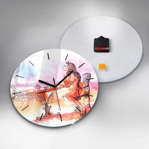 Round glass clock Woman drinking tea