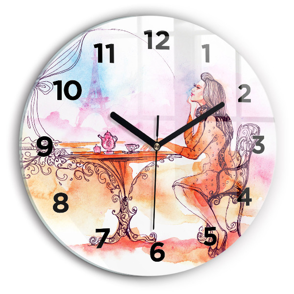 Round glass clock Woman drinking tea