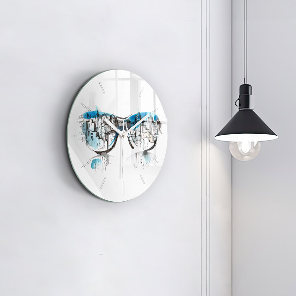 Round glass clock City in glasses