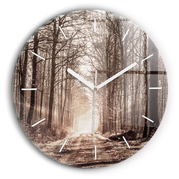Round glass clock Forest path in sepia