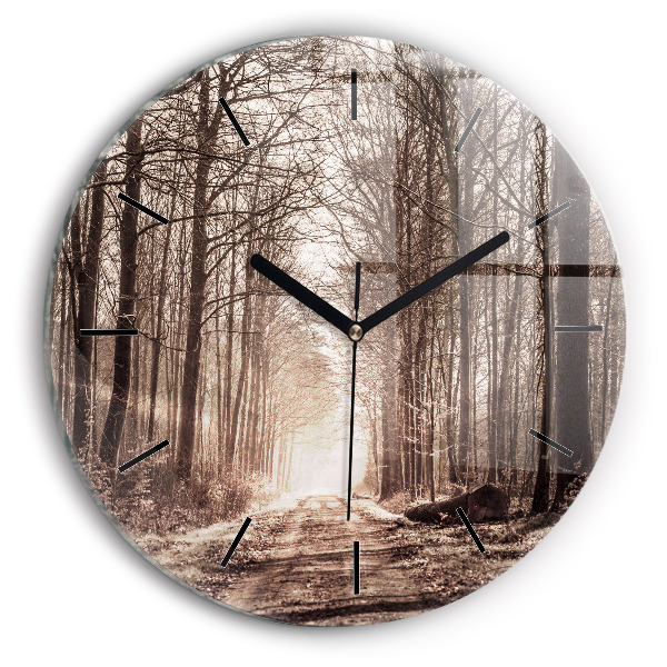 Round glass clock Forest path in sepia