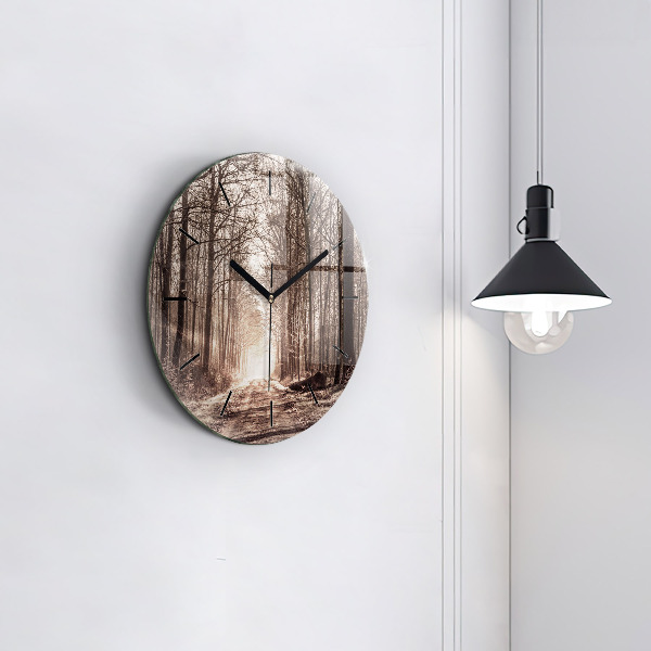 Round glass clock Forest path in sepia