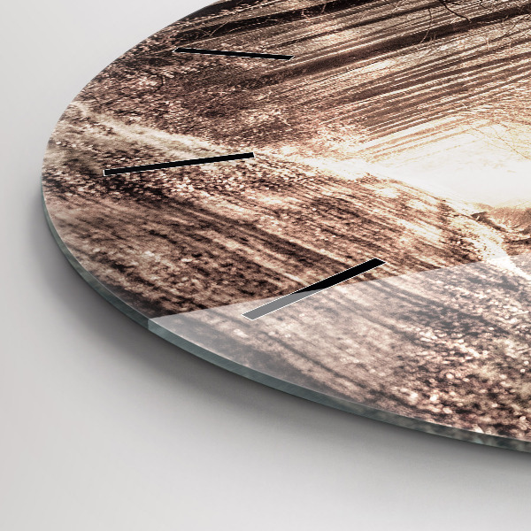 Round glass clock Forest path in sepia
