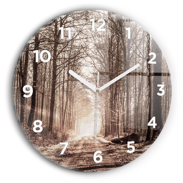 Round glass clock Forest path in sepia
