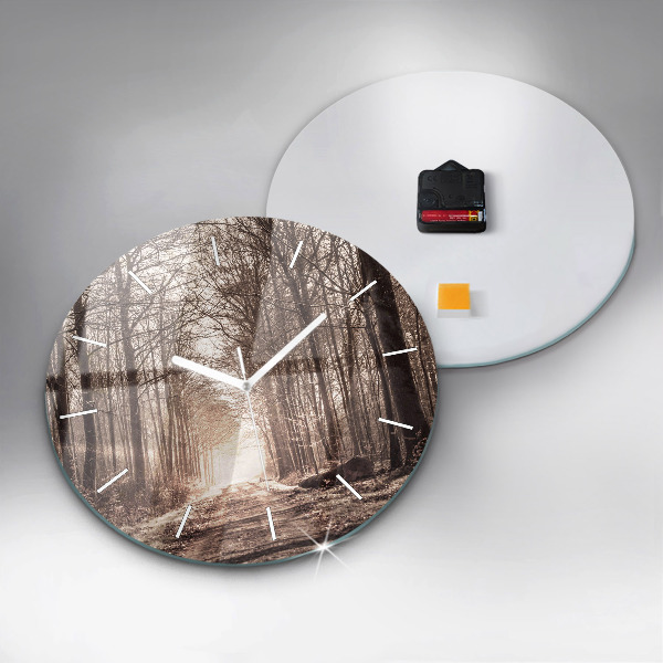 Round glass clock Forest path in sepia