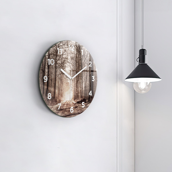 Round glass clock Forest path in sepia