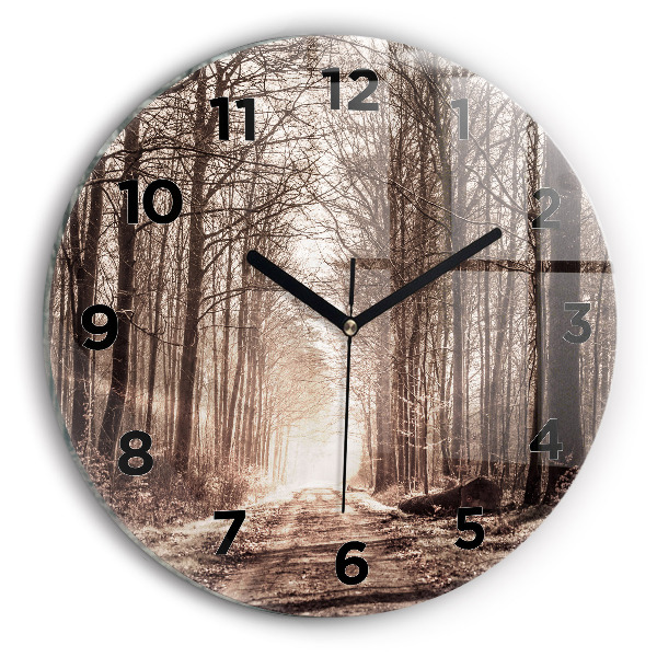 Round glass clock Forest path in sepia