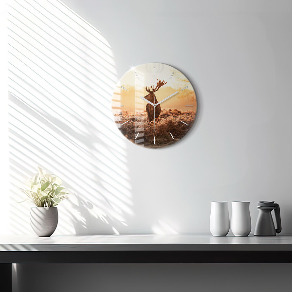 Round glass clock Deer at sunrise