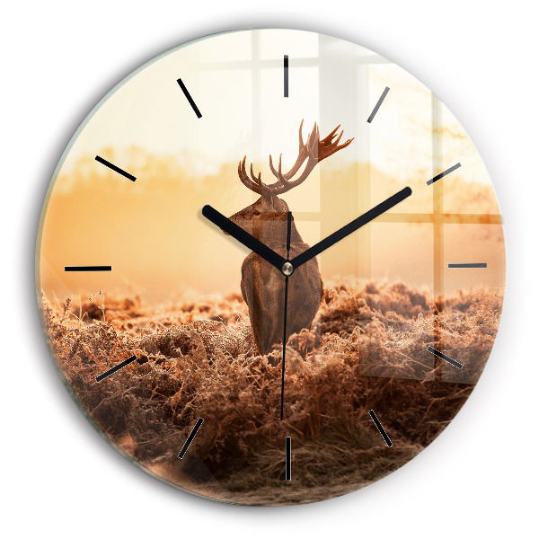 Round glass clock Deer at sunrise