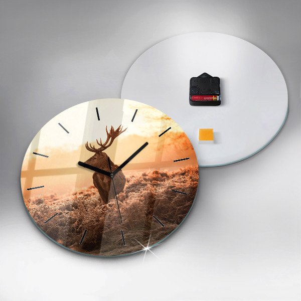 Round glass clock Deer at sunrise