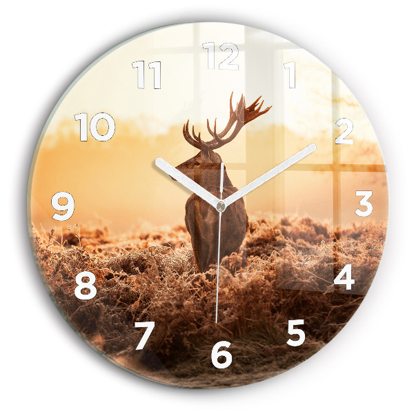 Round glass clock Deer at sunrise