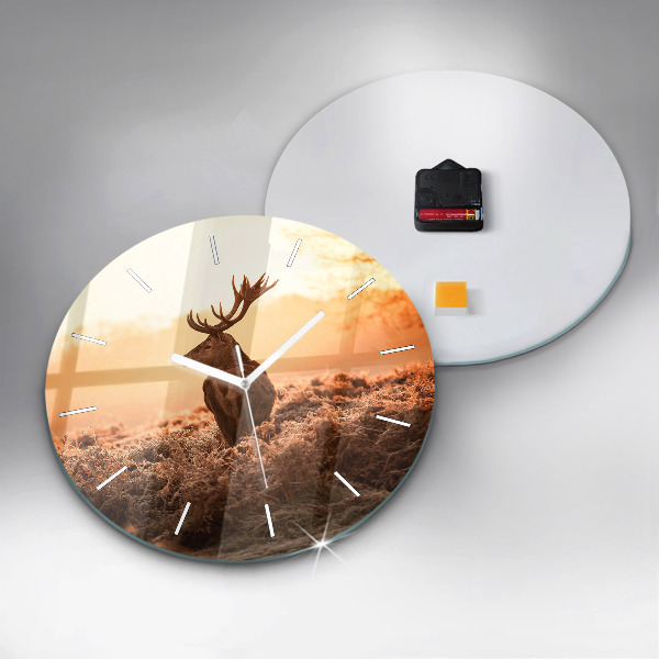 Round glass clock Deer at sunrise
