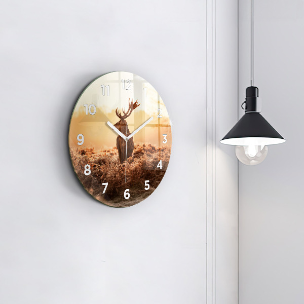 Round glass clock Deer at sunrise