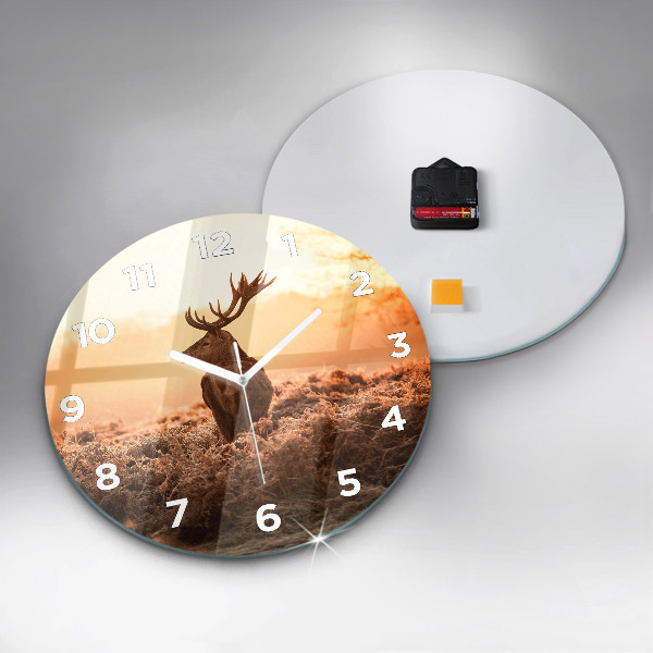 Round glass clock Deer at sunrise