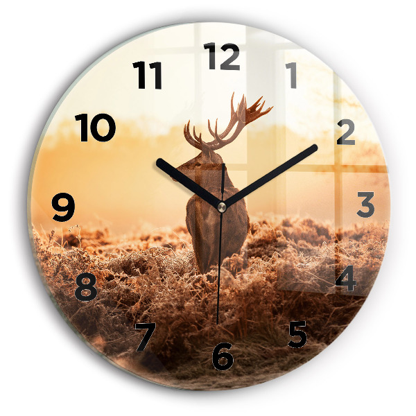Round glass clock Deer at sunrise