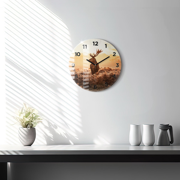 Round glass clock Deer at sunrise