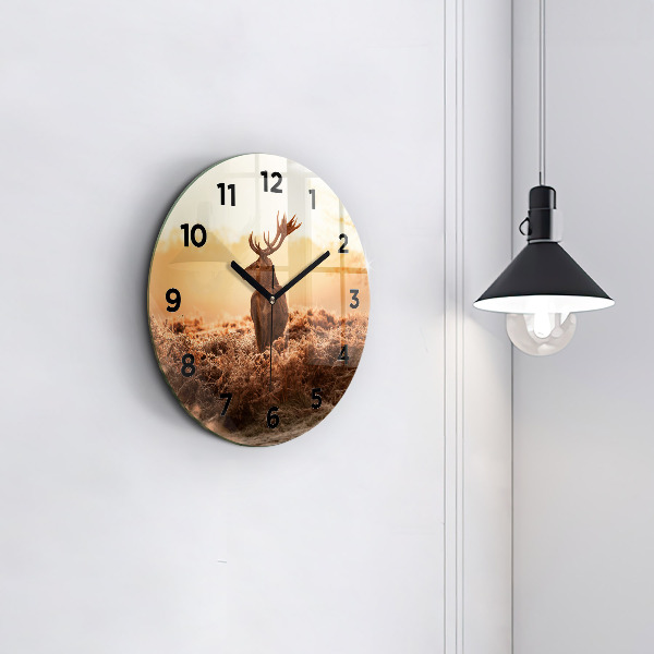 Round glass clock Deer at sunrise