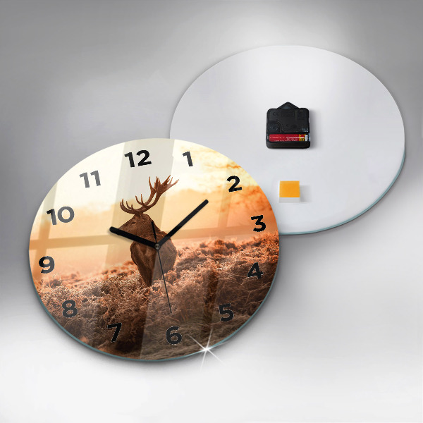 Round glass clock Deer at sunrise
