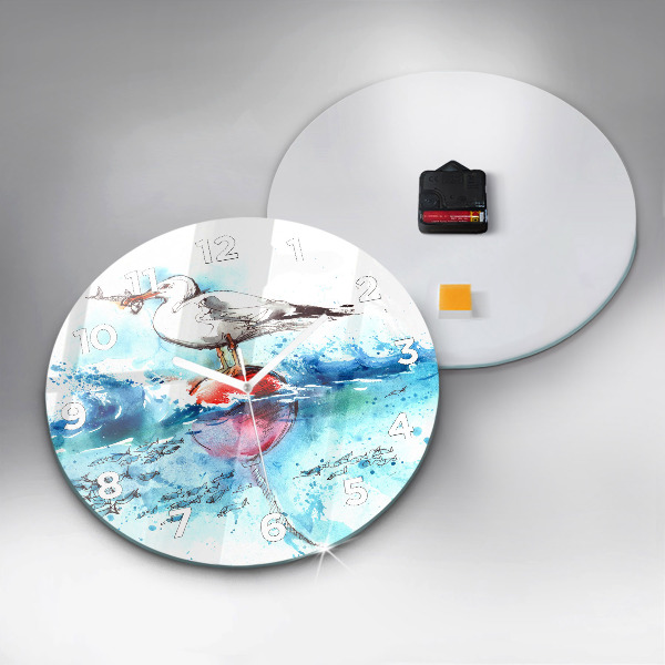 Round glass clock Painted seagull
