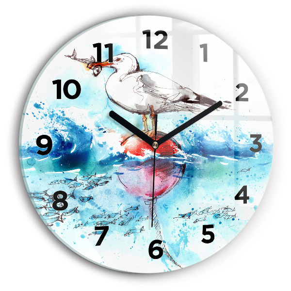 Round glass clock Painted seagull