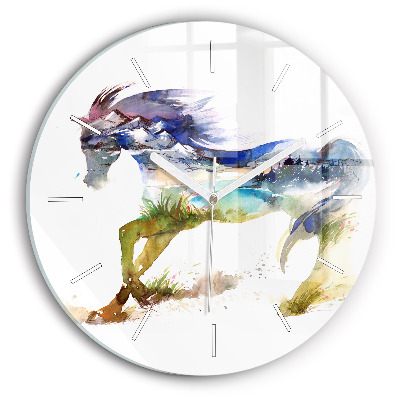 Round glass clock Painted Mountains and Horse
