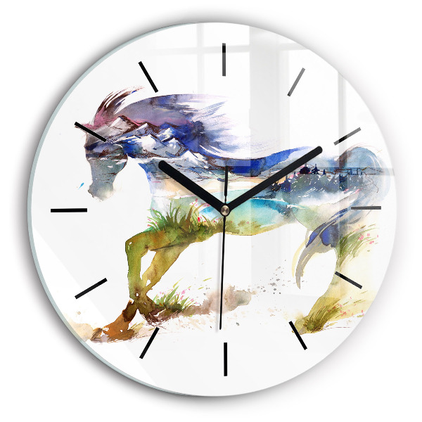 Round glass clock Painted Mountains and Horse