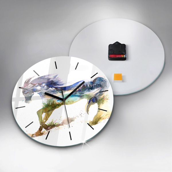 Round glass clock Painted Mountains and Horse