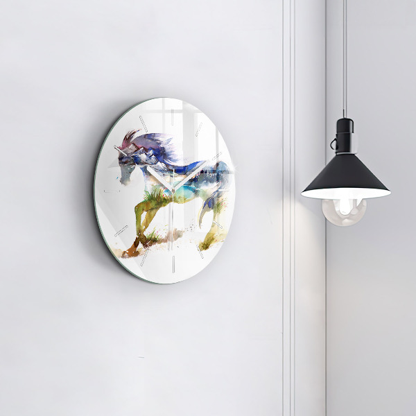 Round glass clock Painted Mountains and Horse
