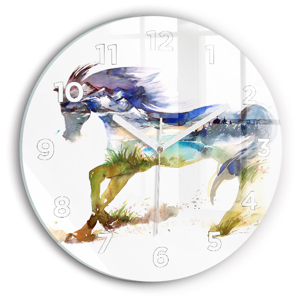 Round glass clock Painted Mountains and Horse