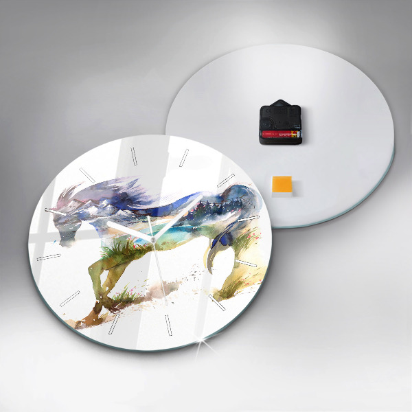 Round glass clock Painted Mountains and Horse