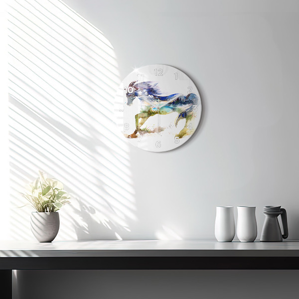 Round glass clock Painted Mountains and Horse