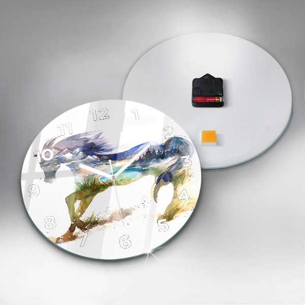 Round glass clock Painted Mountains and Horse