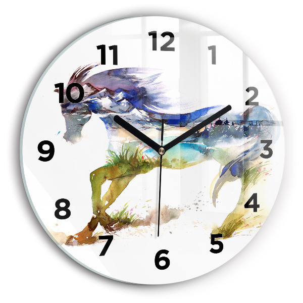 Round glass clock Painted Mountains and Horse
