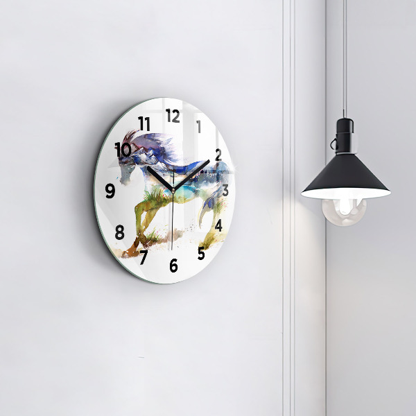 Round glass clock Painted Mountains and Horse