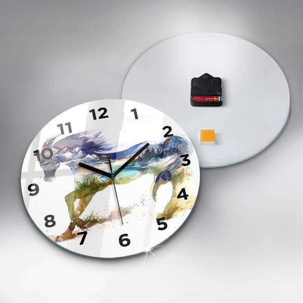 Round glass clock Painted Mountains and Horse
