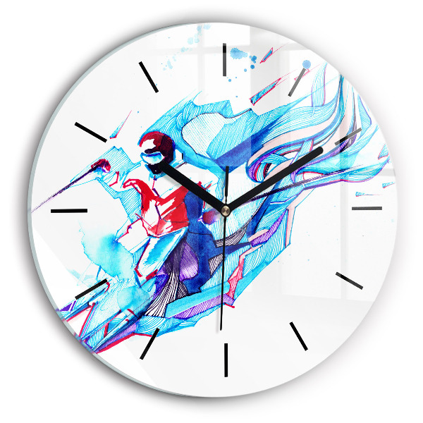Round glass clock Skier