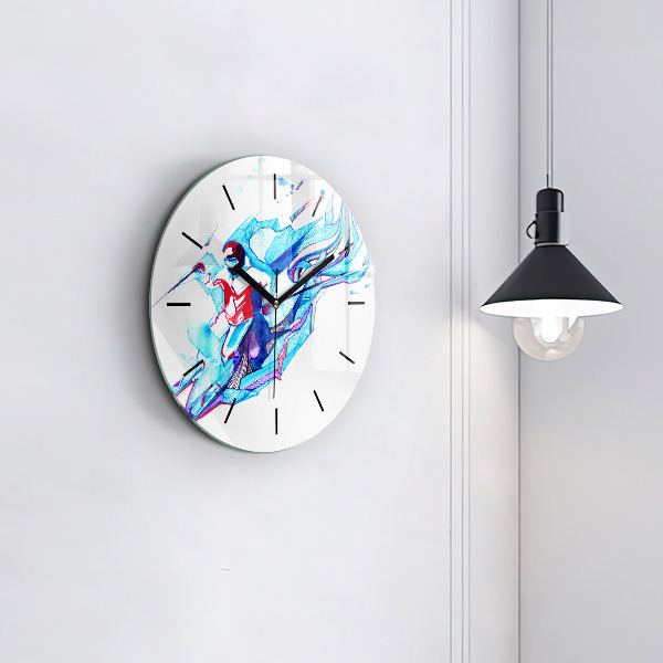 Round glass clock Skier