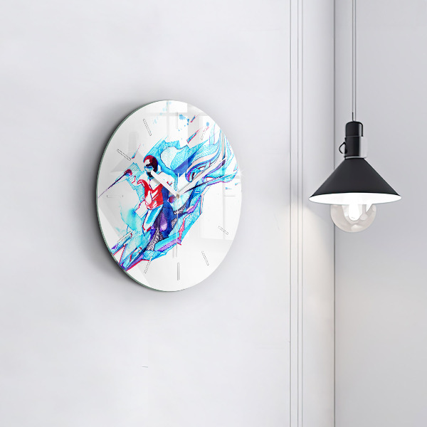 Round glass clock Skier