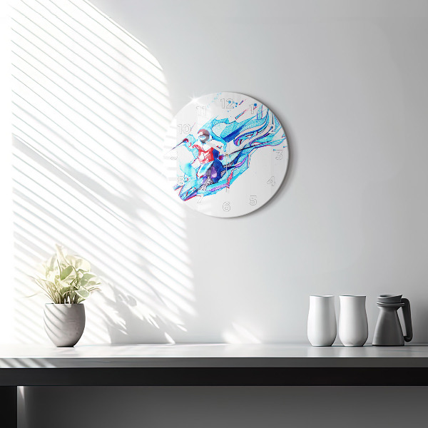 Round glass clock Skier