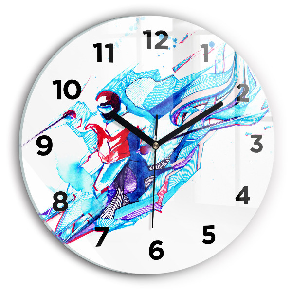 Round glass clock Skier