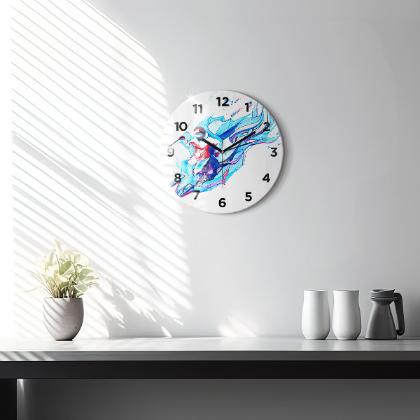 Round glass clock Skier