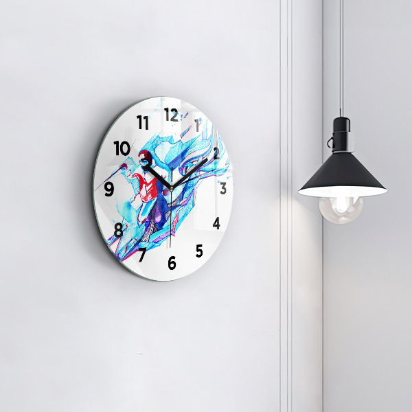 Round glass clock Skier