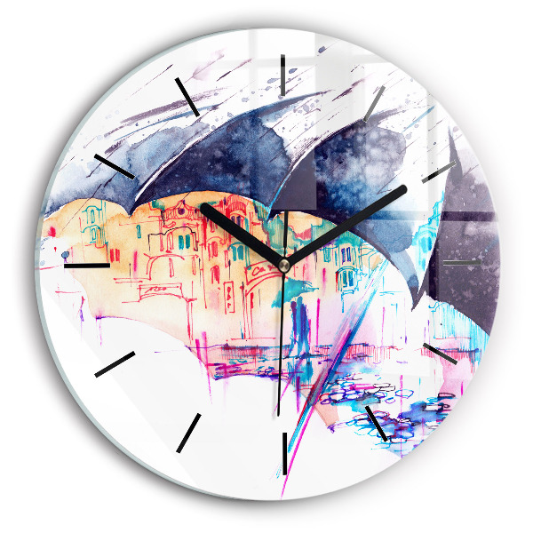 Round glass clock Rain umbrella and city