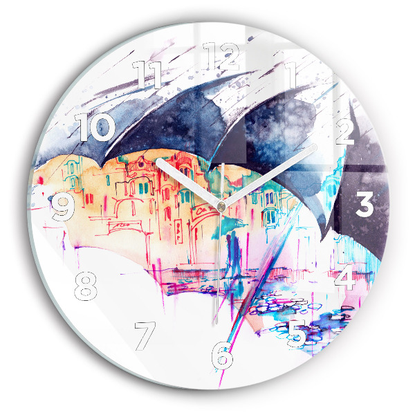 Round glass clock Rain umbrella and city