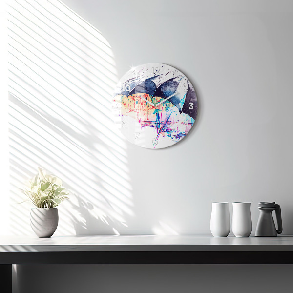 Round glass clock Rain umbrella and city