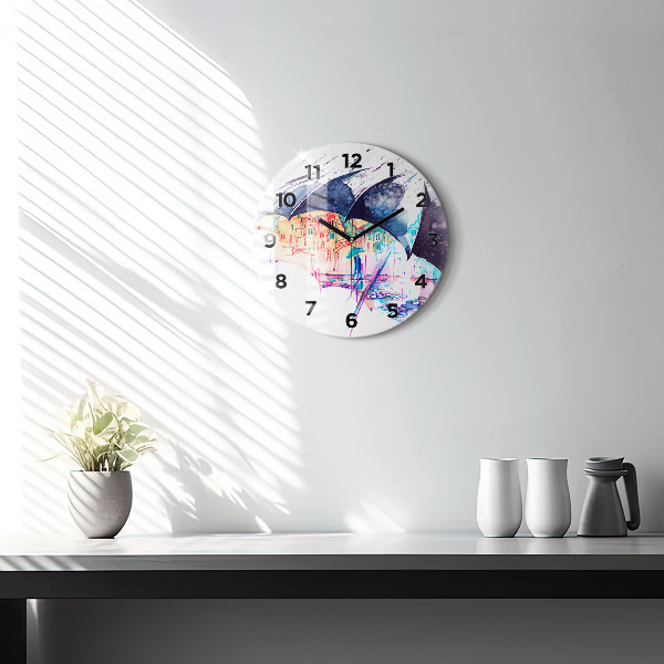 Round glass clock Rain umbrella and city
