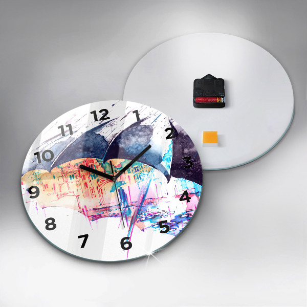 Round glass clock Rain umbrella and city