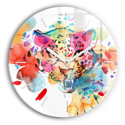 Round glass clock Abstract wild cat