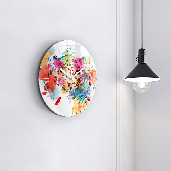 Round glass clock Abstract wild cat