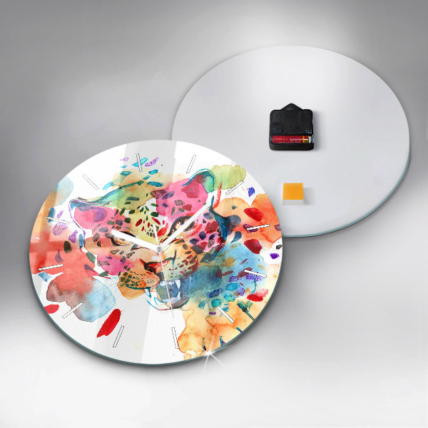 Round glass clock Abstract wild cat